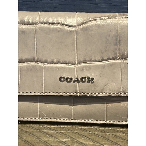 Vintage COACH Leather Wallet Grey Silver Crocodile gator Embossed Long zip - Picture 2 of 8